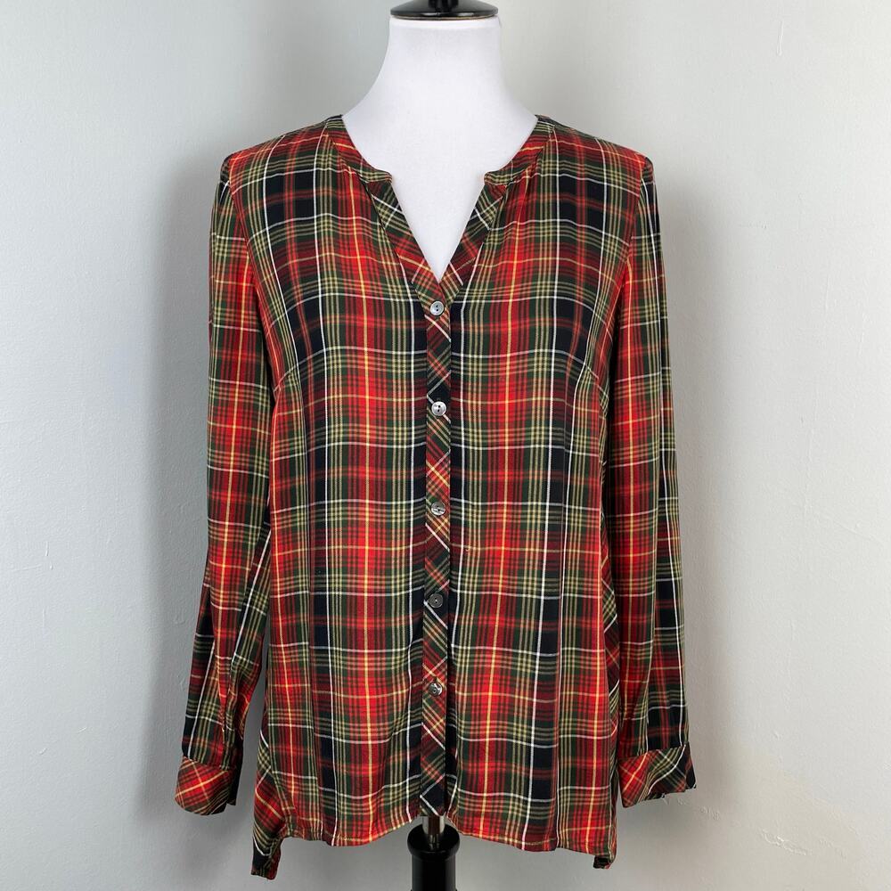 J. Jill Tartan Plaid Button Front Long Sleeve Blouse Small Petite SP Festive